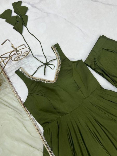 Graceful Mahendi Green Chanderi Roman silk Anarkali Gown with Dupatta for Weddings Anarkali Kurtis 