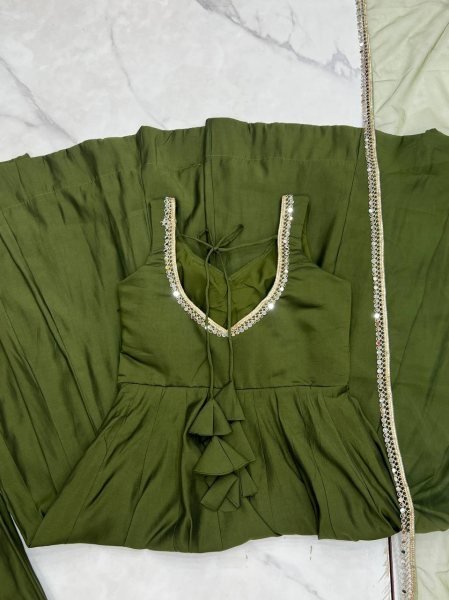 Graceful Mahendi Green Chanderi Roman silk Anarkali Gown with Dupatta for Weddings Anarkali Kurtis 