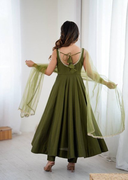 Graceful Mahendi Green Chanderi Roman silk Anarkali Gown with Dupatta for Weddings Anarkali Kurtis 