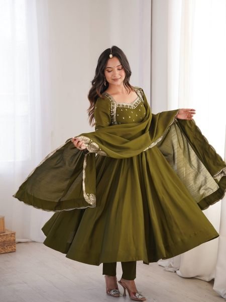 Graceful Mahendi Green Heavy Micro Cotton Inner Roman Silk Gown with Full Sleeves