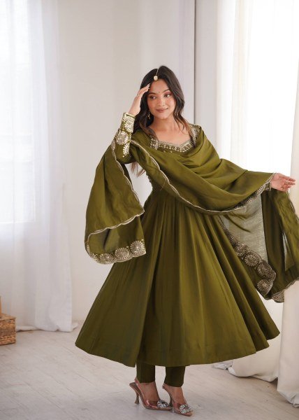 Graceful Mahendi Green Heavy Micro Cotton Inner Roman Silk Gown with Full Sleeves Ready To Wear Collection