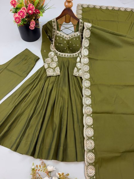 Graceful Mahendi Green Heavy Micro Cotton Inner Roman Silk Gown with Full Sleeves Ready To Wear Collection