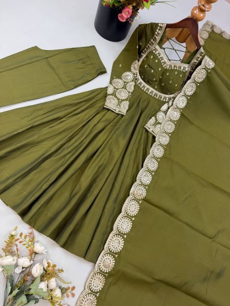 Graceful Mahendi Green Heavy Micro Cotton Inner Roman Silk Gown with Full Sleeves Ready To Wear Collection