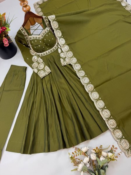 Graceful Mahendi Green Heavy Micro Cotton Inner Roman Silk Gown with Full Sleeves Ready To Wear Collection
