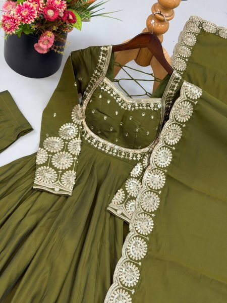 Graceful Mahendi Green Heavy Micro Cotton Inner Roman Silk Gown with Full Sleeves Ready To Wear Collection