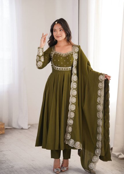Graceful Mahendi Green Heavy Micro Cotton Inner Roman Silk Gown with Full Sleeves Ready To Wear Collection