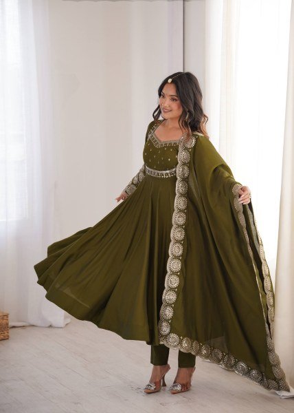 Graceful Mahendi Green Heavy Micro Cotton Inner Roman Silk Gown with Full Sleeves Ready To Wear Collection