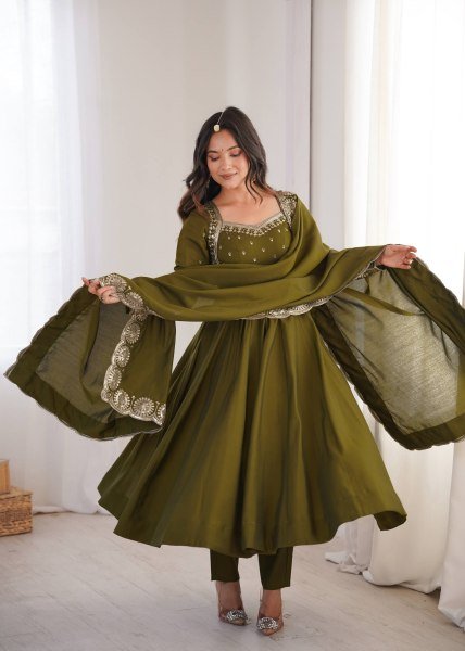 Graceful Mahendi Green Heavy Micro Cotton Inner Roman Silk Gown with Full Sleeves Ready To Wear Collection