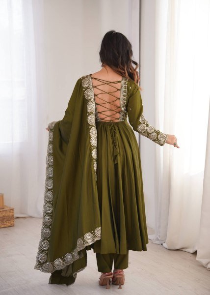 Graceful Mahendi Green Heavy Micro Cotton Inner Roman Silk Gown with Full Sleeves Ready To Wear Collection