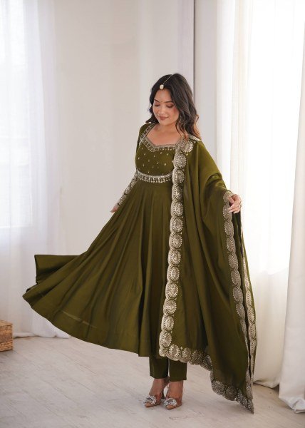 Graceful Mahendi Green Heavy Micro Cotton Inner Roman Silk Gown with Full Sleeves Ready To Wear Collection