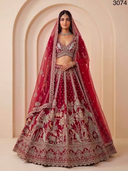 Graceful Maroon Bridal Silk Lehenga Choli with Heavy Embroidery and Double Net Dupatta  Lehenga