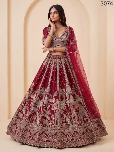 Graceful Maroon Bridal Silk Lehenga Choli with Heavy Embroidery and Double Net Dupatta Bridal Lehenga Choli