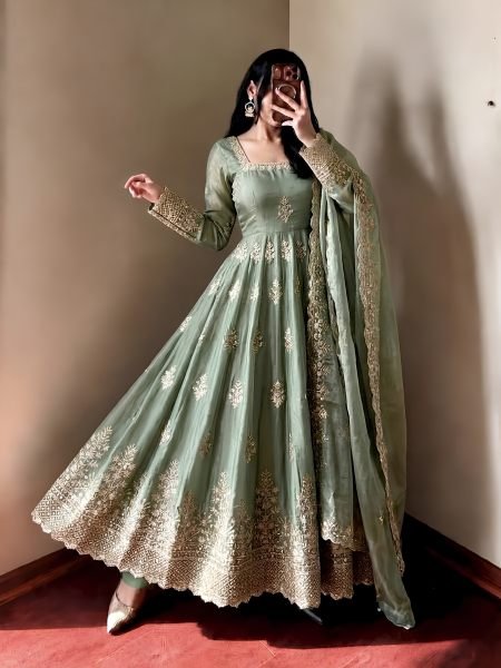 Graceful Mint Green Fendy Silk Gown with Heavy Sequin Embroidery Dupatta for Wedding 