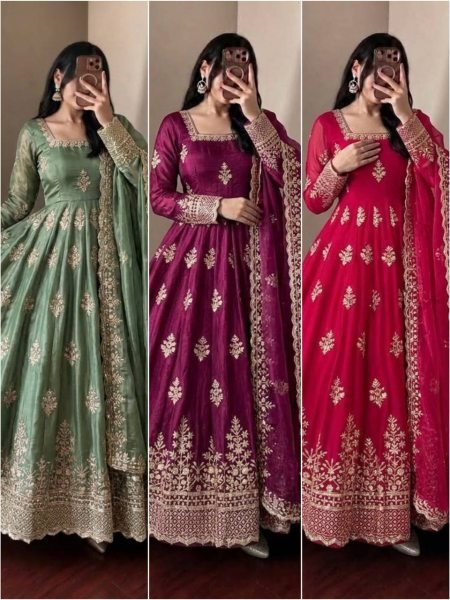 Graceful Mint Green Fendy Silk Gown with Heavy Sequin Embroidery Dupatta for Wedding Ready To Wear Collection