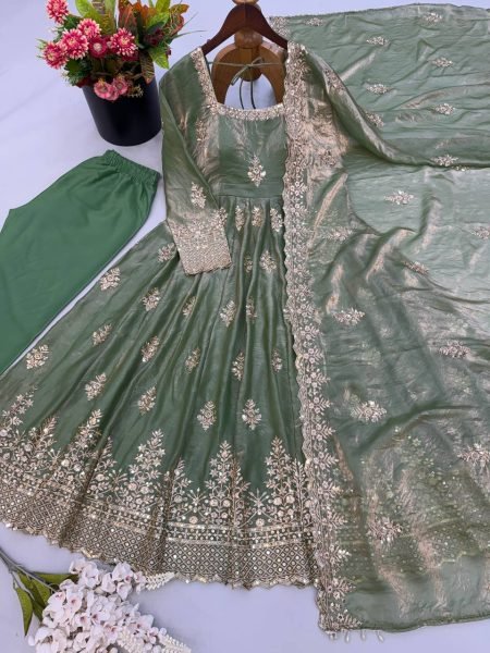 Graceful Mint Green Fendy Silk Gown with Heavy Sequin Embroidery Dupatta for Wedding Ready To Wear Collection