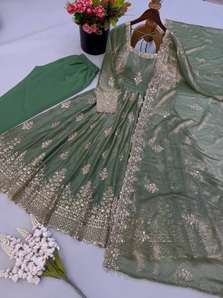 Graceful Mint Green Fendy Silk Gown with Heavy Sequin Embroidery Dupatta for Wedding Ready To Wear Collection