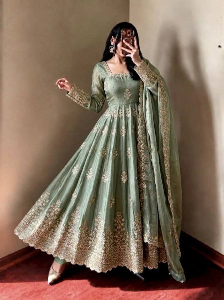 Graceful Mint Green Fendy Silk Gown with Heavy Sequin Embroidery Dupatta for Wedding Ready To Wear Collection