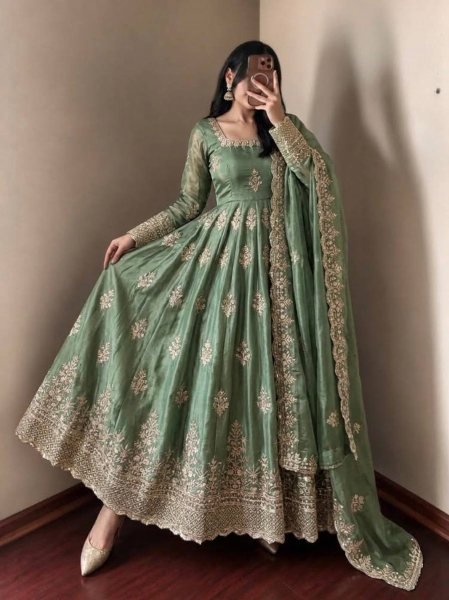 Graceful Mint Green Fendy Silk Gown with Heavy Sequin Embroidery Dupatta for Wedding Ready To Wear Collection