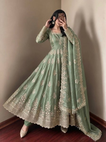 Graceful Mint Green Fendy Silk Gown with Heavy Sequin Embroidery Dupatta for Wedding Ready To Wear Collection