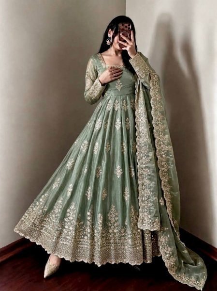Graceful Mint Green Fendy Silk Gown with Heavy Sequin Embroidery Dupatta for Wedding Ready To Wear Collection