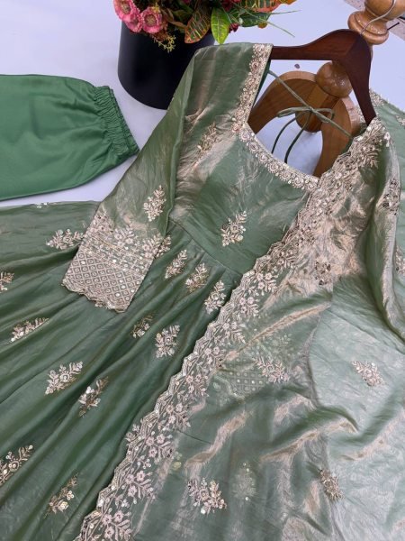 Graceful Mint Green Fendy Silk Gown with Heavy Sequin Embroidery Dupatta for Wedding Ready To Wear Collection