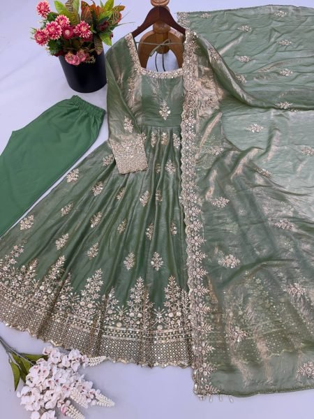 Graceful Mint Green Fendy Silk Gown with Heavy Sequin Embroidery Dupatta for Wedding Ready To Wear Collection