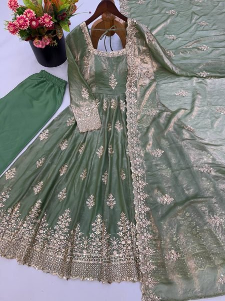 Graceful Mint Green Fendy Silk Gown with Heavy Sequin Embroidery Dupatta for Wedding Ready To Wear Collection