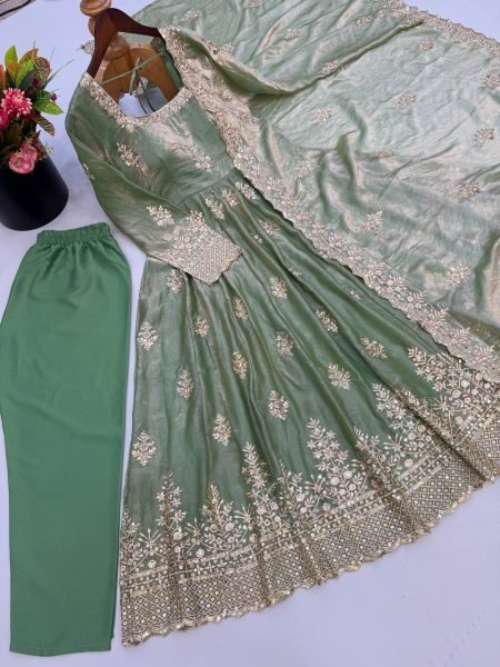 Graceful Mint Green Fendy Silk Gown with Heavy Sequin Embroidery Dupatta for Wedding Ready To Wear Collection
