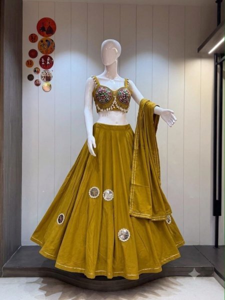 Graceful Mustard Yellow Pure Jaam Cotton Lehenga Choli with Dupatta and 9 Meter Flare  Lehenga