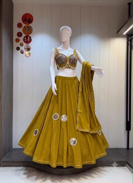 Graceful Mustard Yellow Pure Jaam Cotton Lehenga Choli with Dupatta and 9 Meter Flare Navratri Lehnega Choli