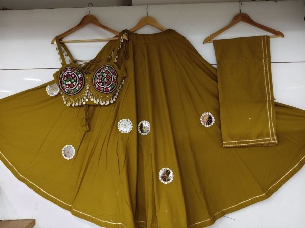 Graceful Mustard Yellow Pure Jaam Cotton Lehenga Choli with Dupatta and 9 Meter Flare Navratri Lehnega Choli