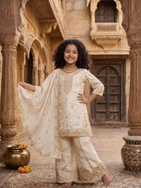 Graceful Off-White Silk Blend Designer Kurta Palazzo Set for Kids Kurtis