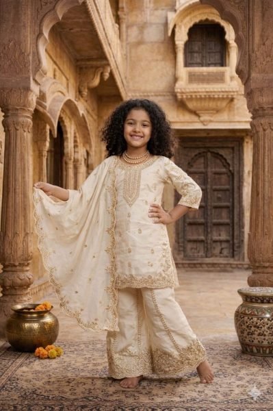 Graceful Off-White Silk Blend Designer Kurta Palazzo Set for Kids Girls Wear
