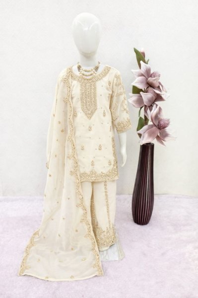 Graceful Off-White Silk Blend Designer Kurta Palazzo Set for Kids Girls Wear