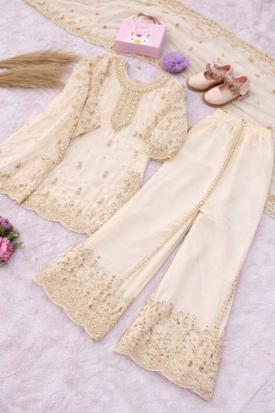 Graceful Off-White Silk Blend Designer Kurta Palazzo Set for Kids Girls Wear