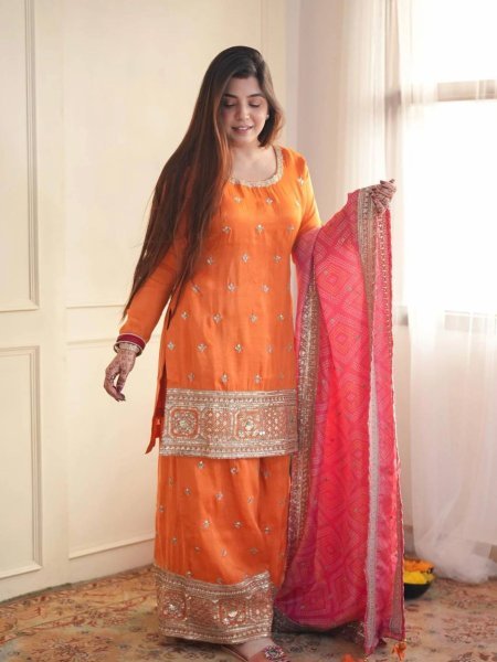 Graceful Orange Chinon Kurta Palazzo Set with Sequins Work And Digital Print Dupatta for Women 