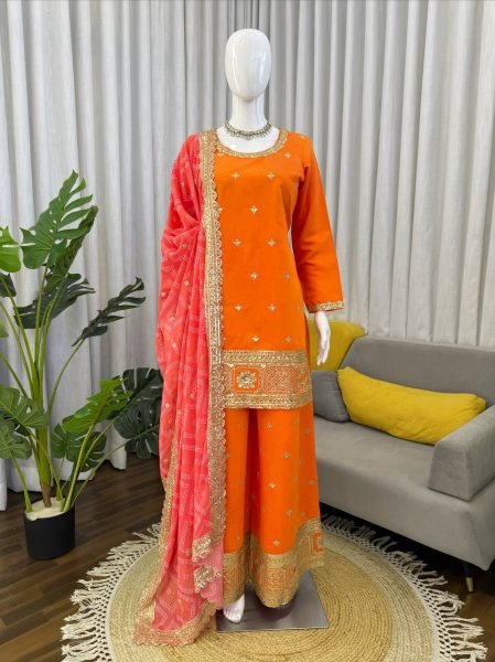 Graceful Orange Chinon Kurta Palazzo Set with Sequins Work And Digital Print Dupatta for Women Ready To Wear Collection