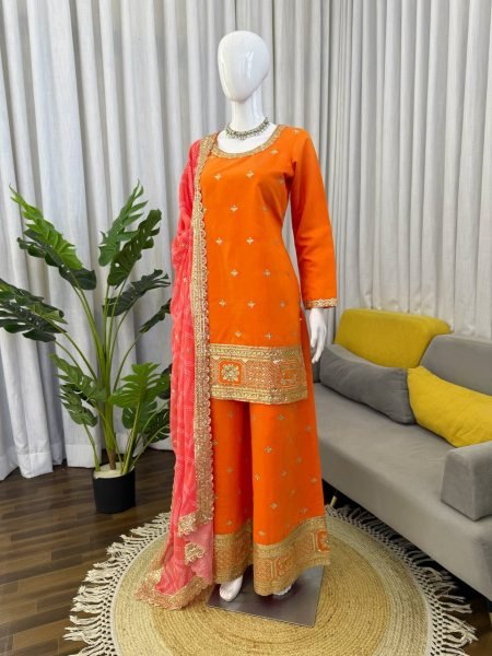 Graceful Orange Chinon Kurta Palazzo Set with Sequins Work And Digital Print Dupatta for Women Ready To Wear Collection