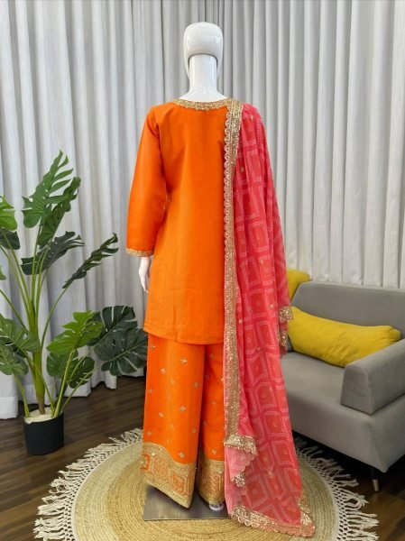 Graceful Orange Chinon Kurta Palazzo Set with Sequins Work And Digital Print Dupatta for Women Ready To Wear Collection