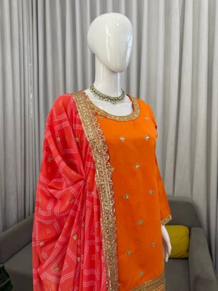 Graceful Orange Chinon Kurta Palazzo Set with Sequins Work And Digital Print Dupatta for Women Ready To Wear Collection