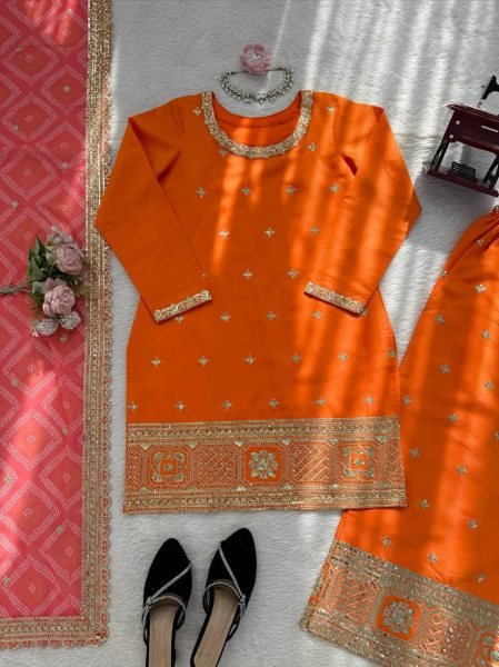 Graceful Orange Chinon Kurta Palazzo Set with Sequins Work And Digital Print Dupatta for Women Ready To Wear Collection
