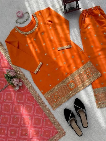 Graceful Orange Chinon Kurta Palazzo Set with Sequins Work And Digital Print Dupatta for Women Ready To Wear Collection