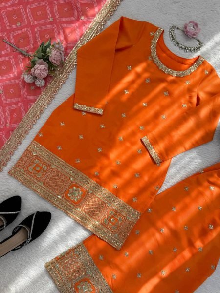 Graceful Orange Chinon Kurta Palazzo Set with Sequins Work And Digital Print Dupatta for Women Ready To Wear Collection