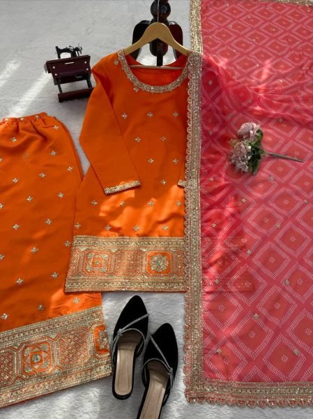 Graceful Orange Chinon Kurta Palazzo Set with Sequins Work And Digital Print Dupatta for Women Ready To Wear Collection