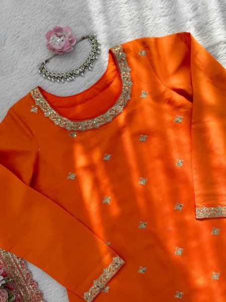 Graceful Orange Chinon Kurta Palazzo Set with Sequins Work And Digital Print Dupatta for Women Ready To Wear Collection