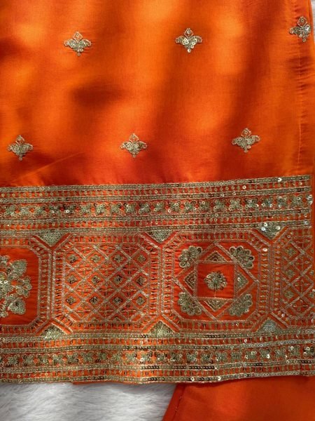 Graceful Orange Chinon Kurta Palazzo Set with Sequins Work And Digital Print Dupatta for Women Ready To Wear Collection
