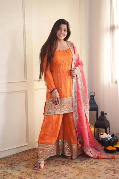 Graceful Orange Chinon Kurta Palazzo Set with Sequins Work And Digital Print Dupatta for Women Ready To Wear Collection