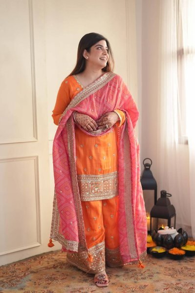 Graceful Orange Chinon Kurta Palazzo Set with Sequins Work And Digital Print Dupatta for Women Ready To Wear Collection