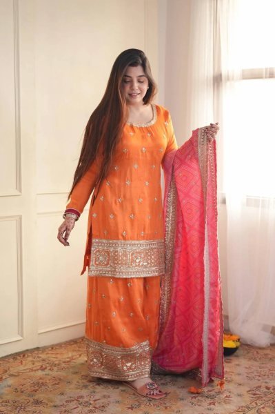 Graceful Orange Chinon Kurta Palazzo Set with Sequins Work And Digital Print Dupatta for Women Ready To Wear Collection
