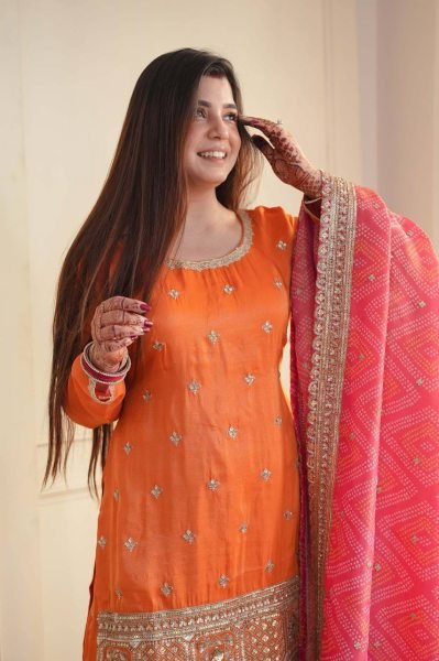 Graceful Orange Chinon Kurta Palazzo Set with Sequins Work And Digital Print Dupatta for Women Ready To Wear Collection